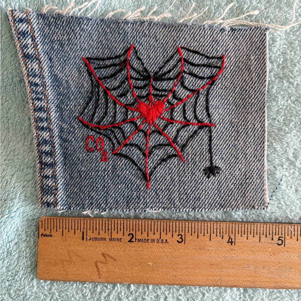 Embroidered Denim Patch with Red and Black Spider Web Design